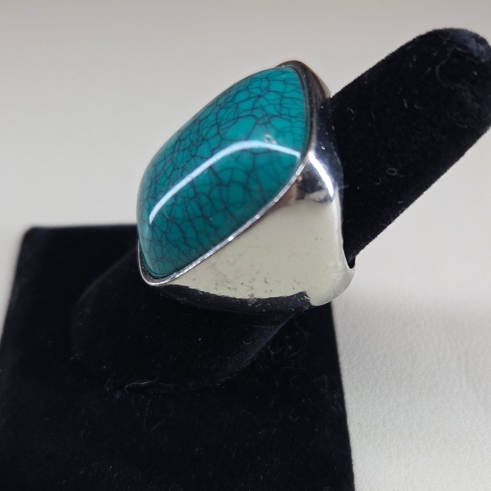 Boho Statement Ring Faux Turquoise Silver Tone Chunky Band Southwestern Size 8.5 - Picture 2 of 8